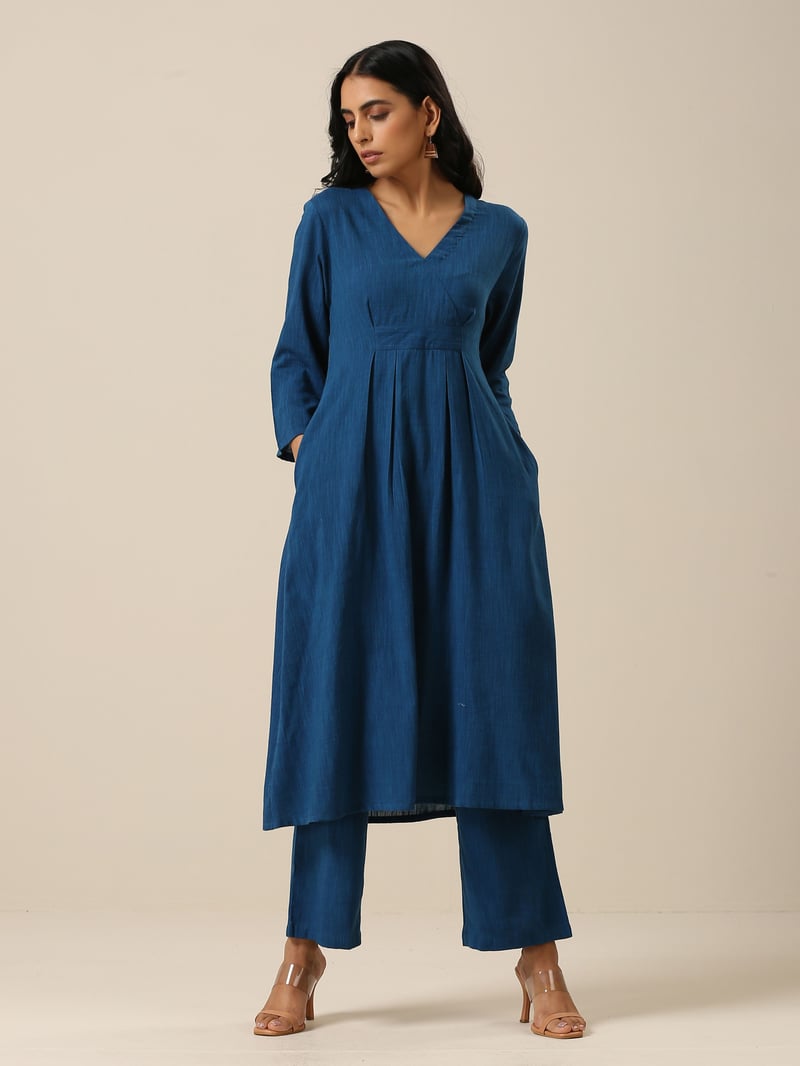 Classic Blue Slub Overlap Pleat Kurta Pant Set