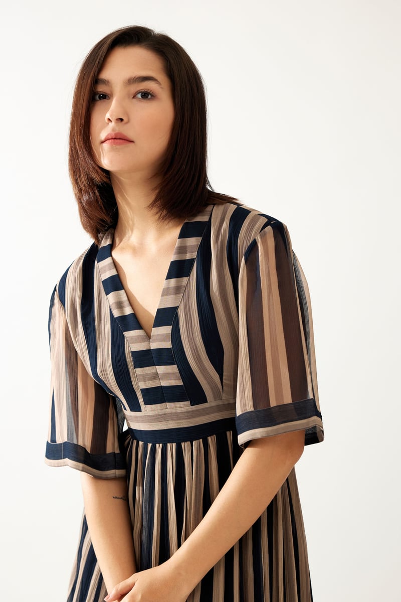 Dark Green And Beige Stripe Long Dress