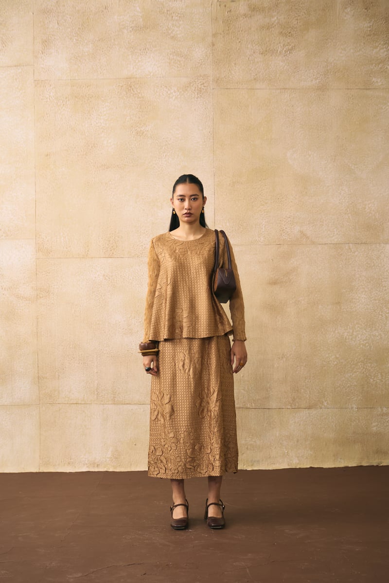 Mustard Textured Jacquard Top and Midi Skirt Co-ord Set