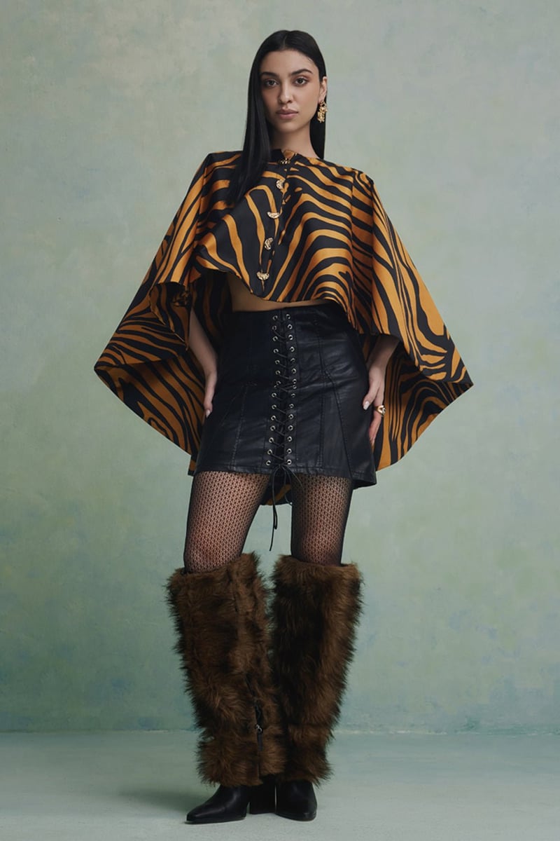 Black/Yellow Tiger Print High-Low Cape Jacket