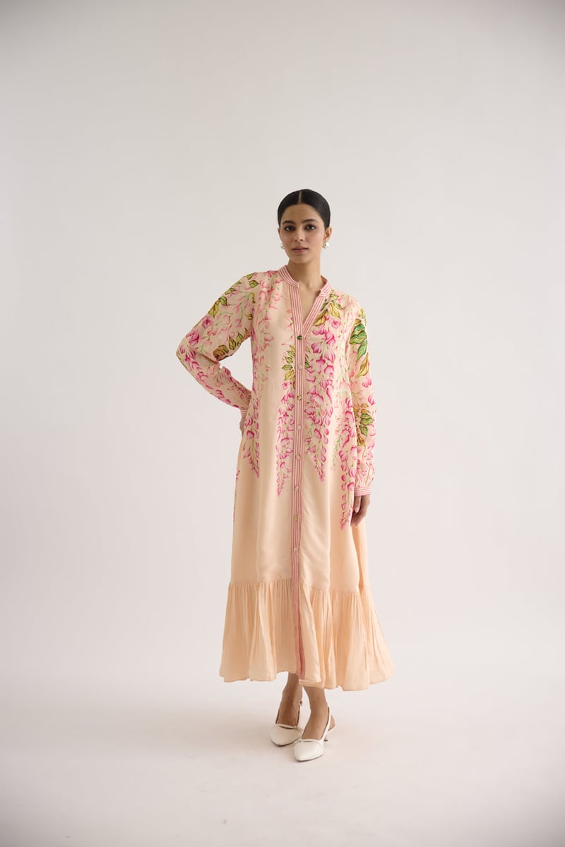 Peach Floral Printed Maxi Shirt Dress with Button Front