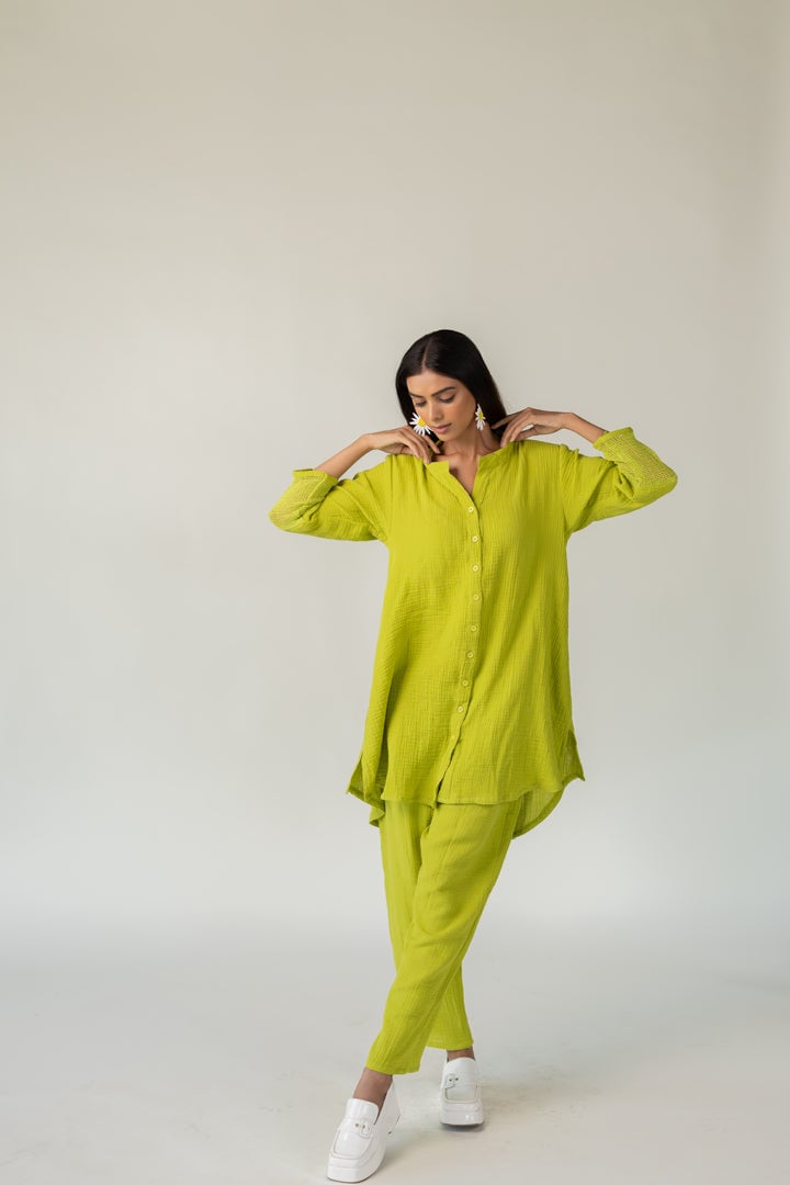 Green Cotton Tunic and Tapered Pants Co-ord Set