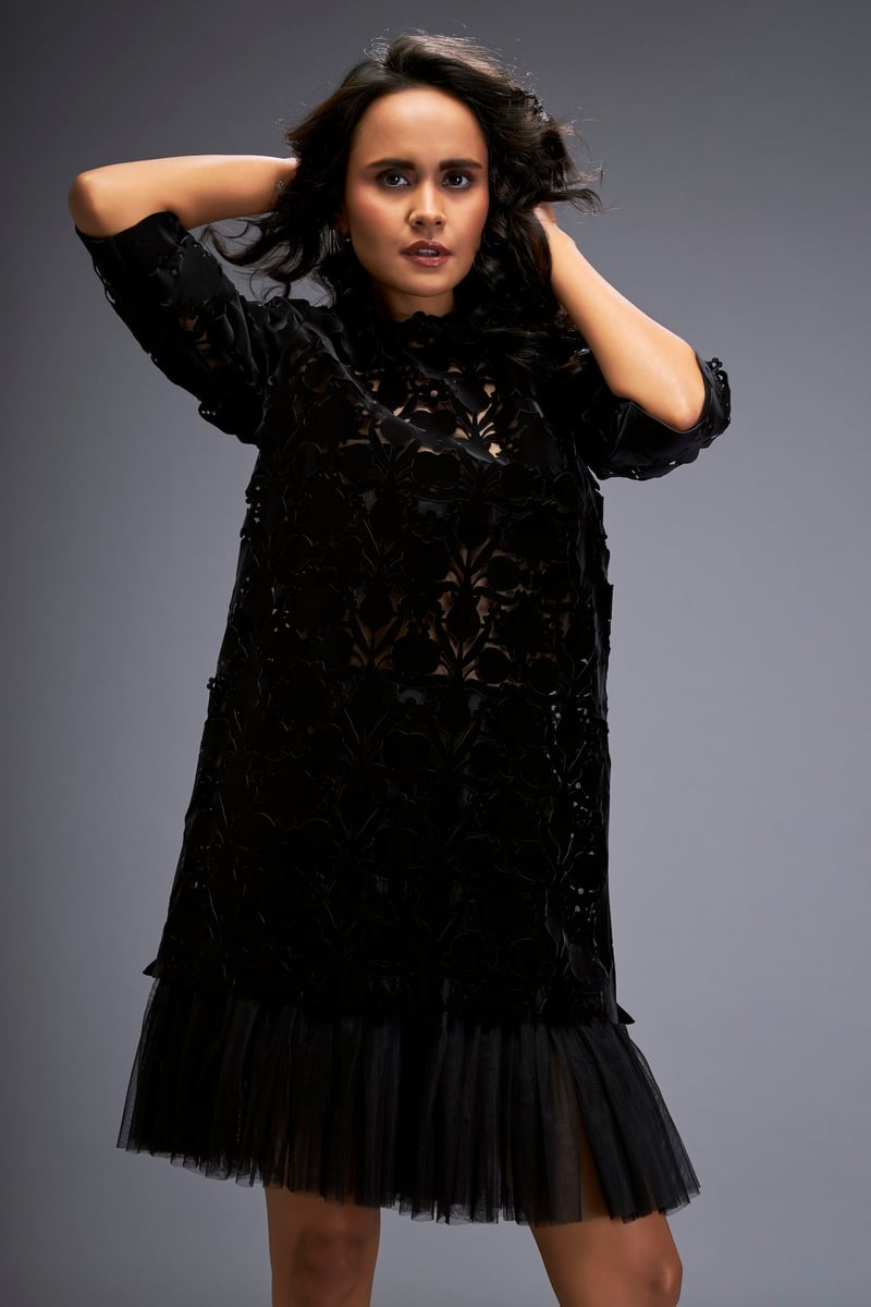 Black Cutwork Shift Dress with Sheer Net Hem — Deepika Arora