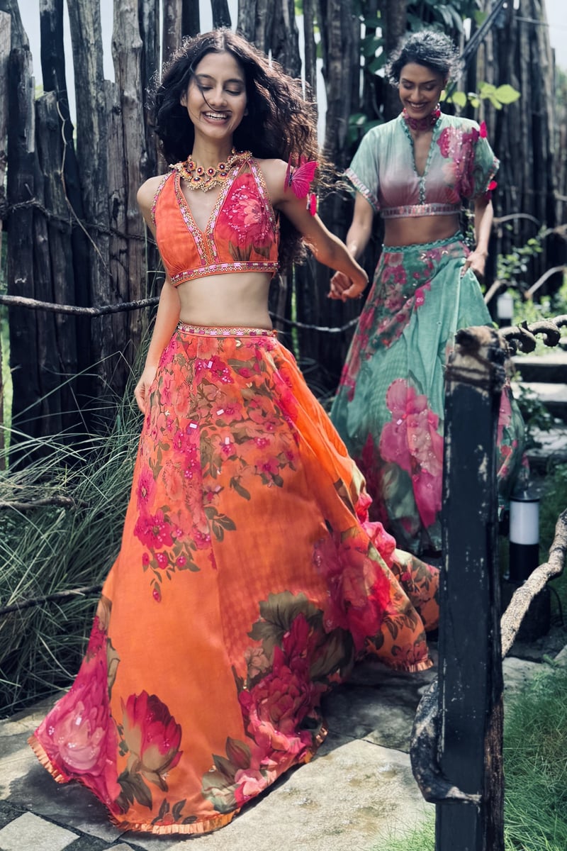 Orange Floral Organza Lehenga Set with Tie-Back Choli