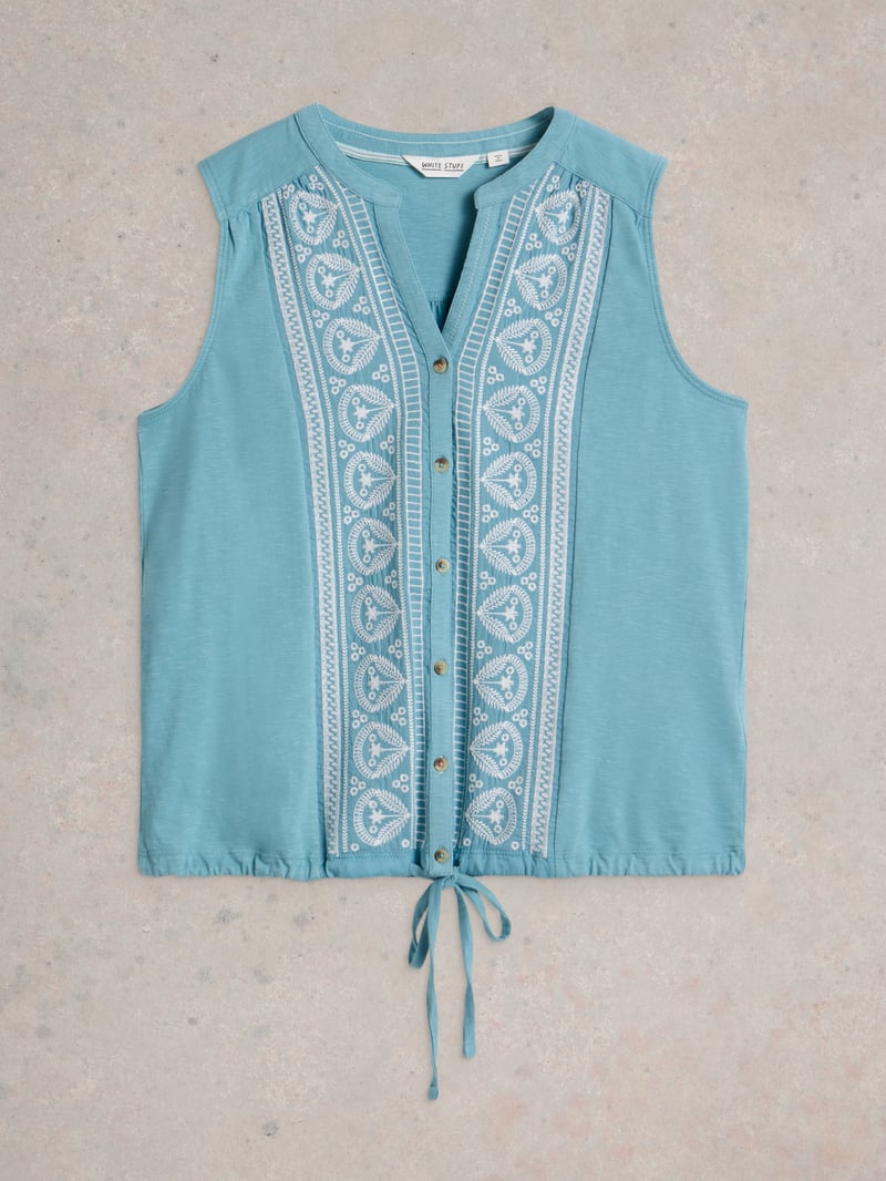 Mid Blue Sleeveless Embroidered Shirt with Hem Tie