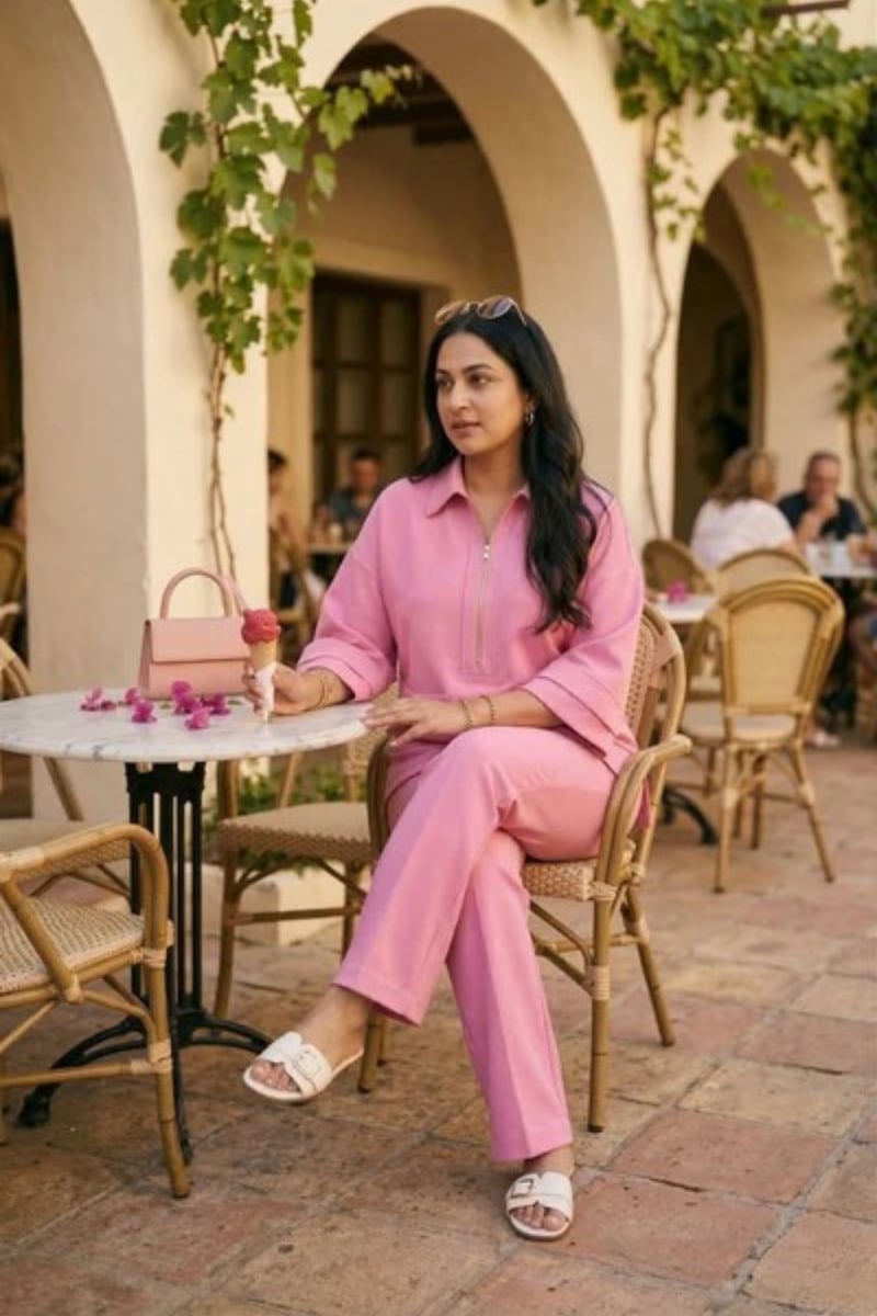 Pink Banana Crepe Half-Zip Co-ord Set with Flared Pants