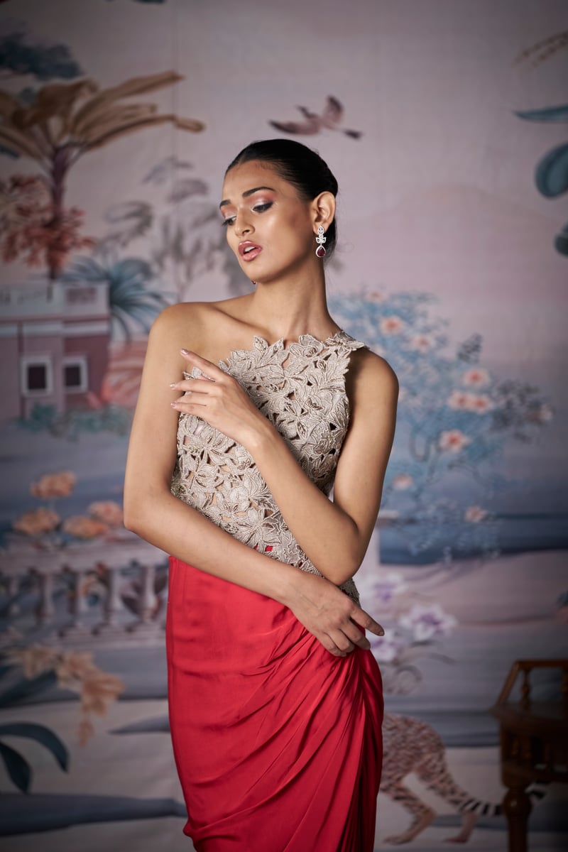 Silver One-Shoulder Embroidered Top and Red Maxi Skirt Set