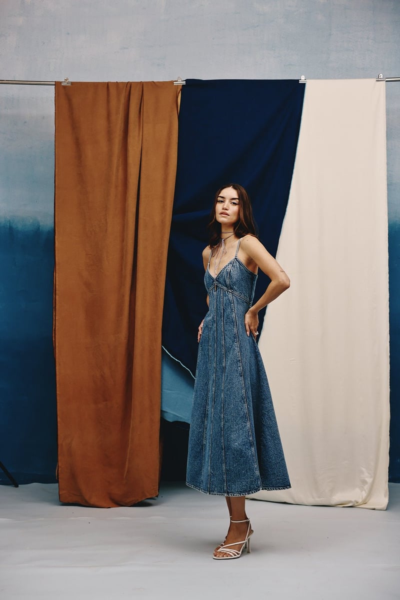 Acid-Washed Indigo Denim Fit and Flare Midi Dress