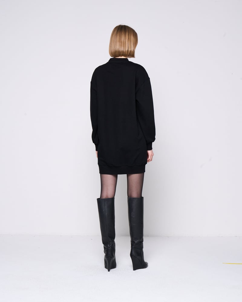 Black Longline Sweatshirt Dress with Shoulder Applique