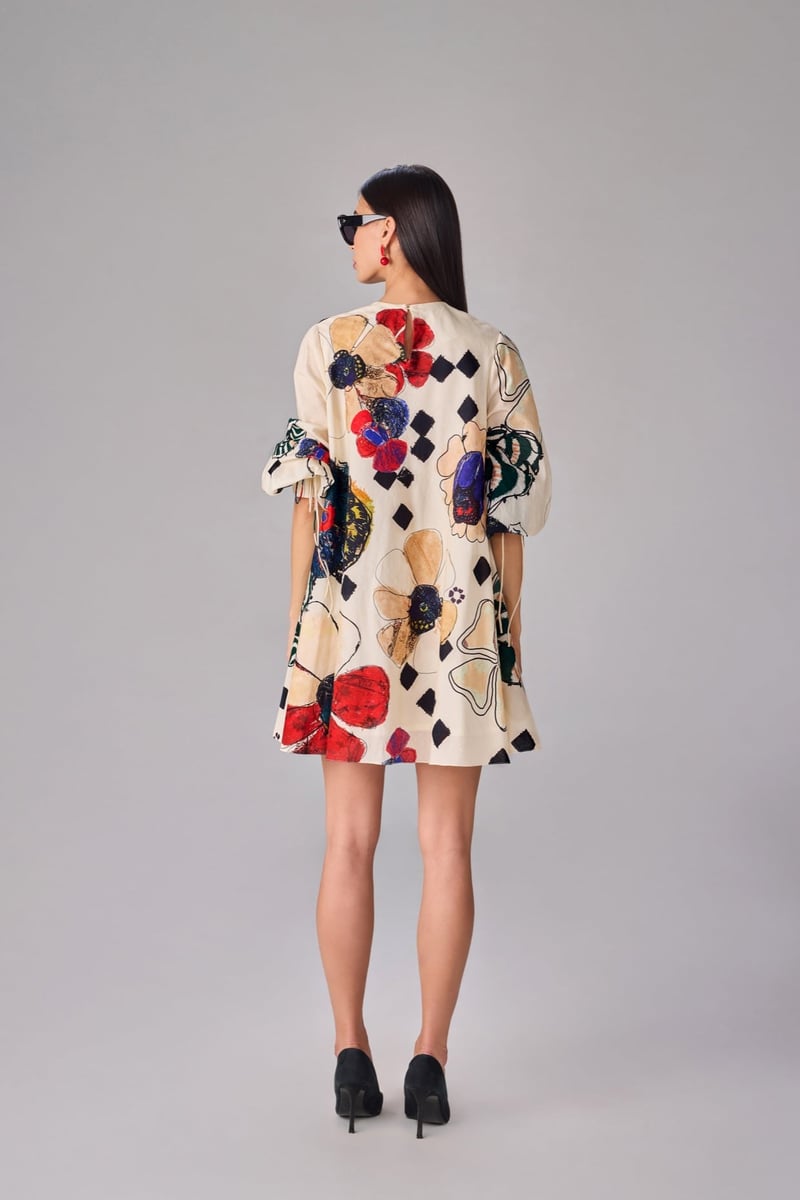 Multi Printed Shift Mini Dress with Bell Sleeves