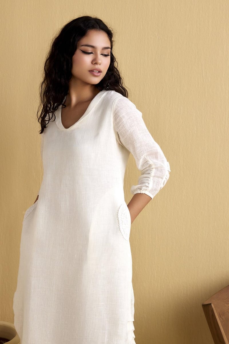Off White Linen V-Neck Midi Dress with Pockets