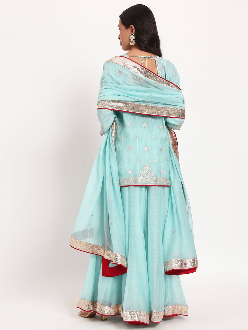 Aqua Mal Chanderi Embroidered Kurta Sharara Set