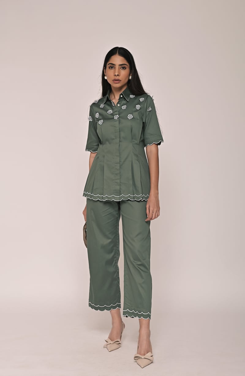 Light Green Scallop Hem Shirt and Wide-Leg Pants Co-ord Set