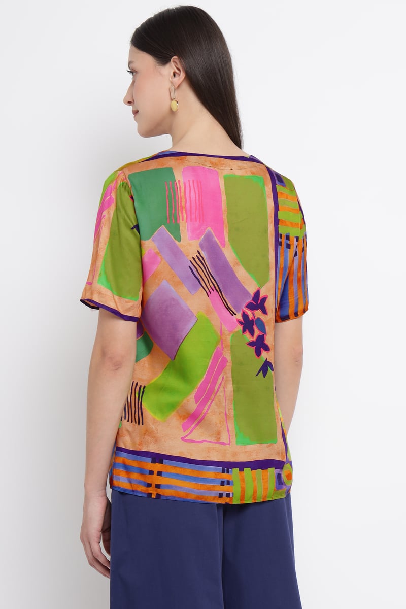 Multicolor Abstract Printed V-Neck Viscose Top