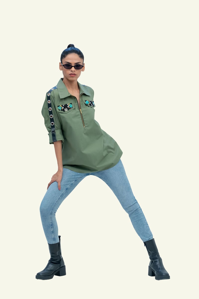 Olive Cotton Shirt with Embroidery on Pockets
