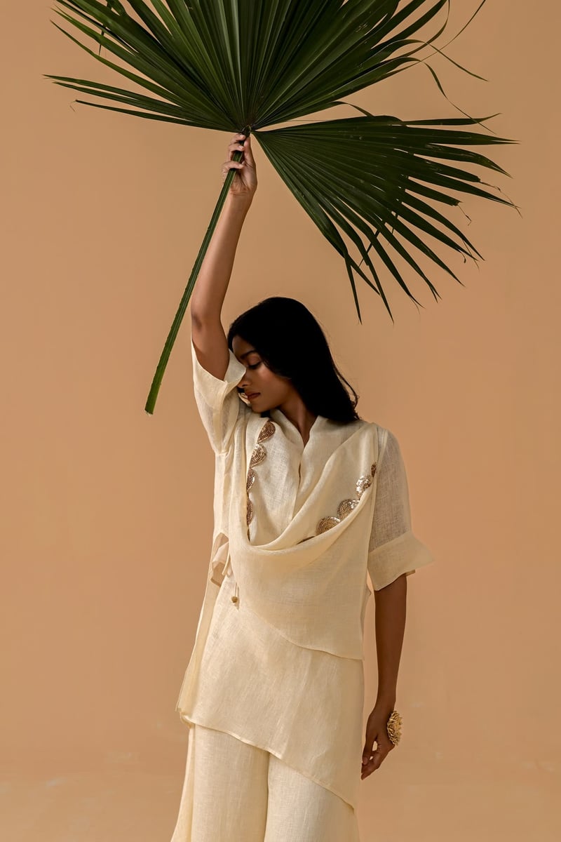 Cream Gauze Linen Cape and Palazzo Co-ord Set