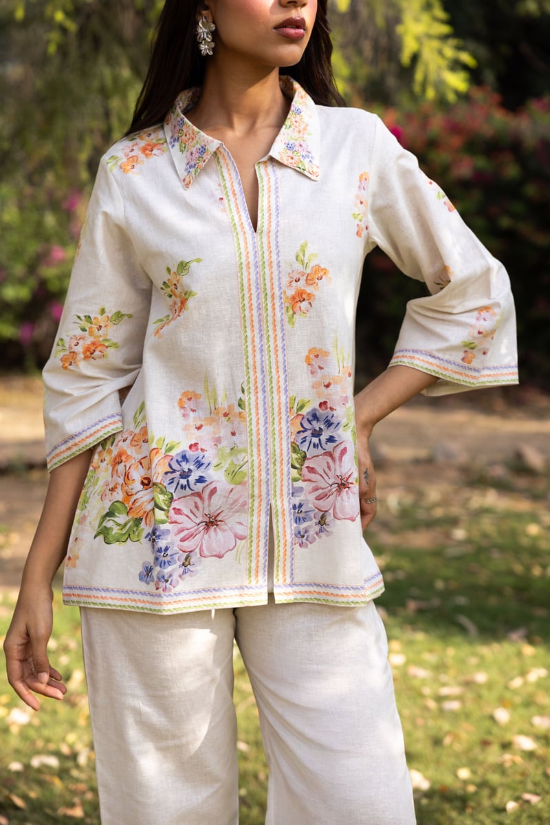 Cream Linen Floral Shirt and Trouser Co-ord Set