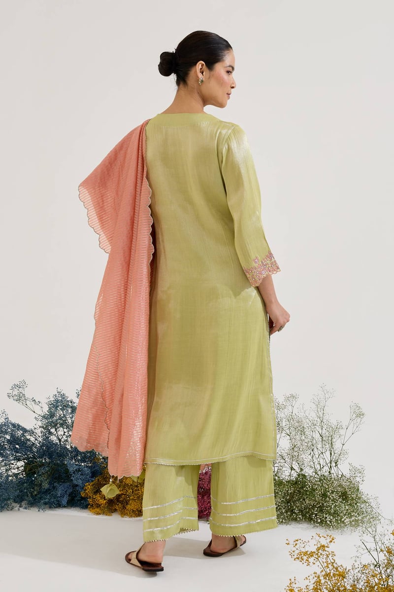 Lime Tissue Embroidered Kurta Set with Wide-Leg Pants