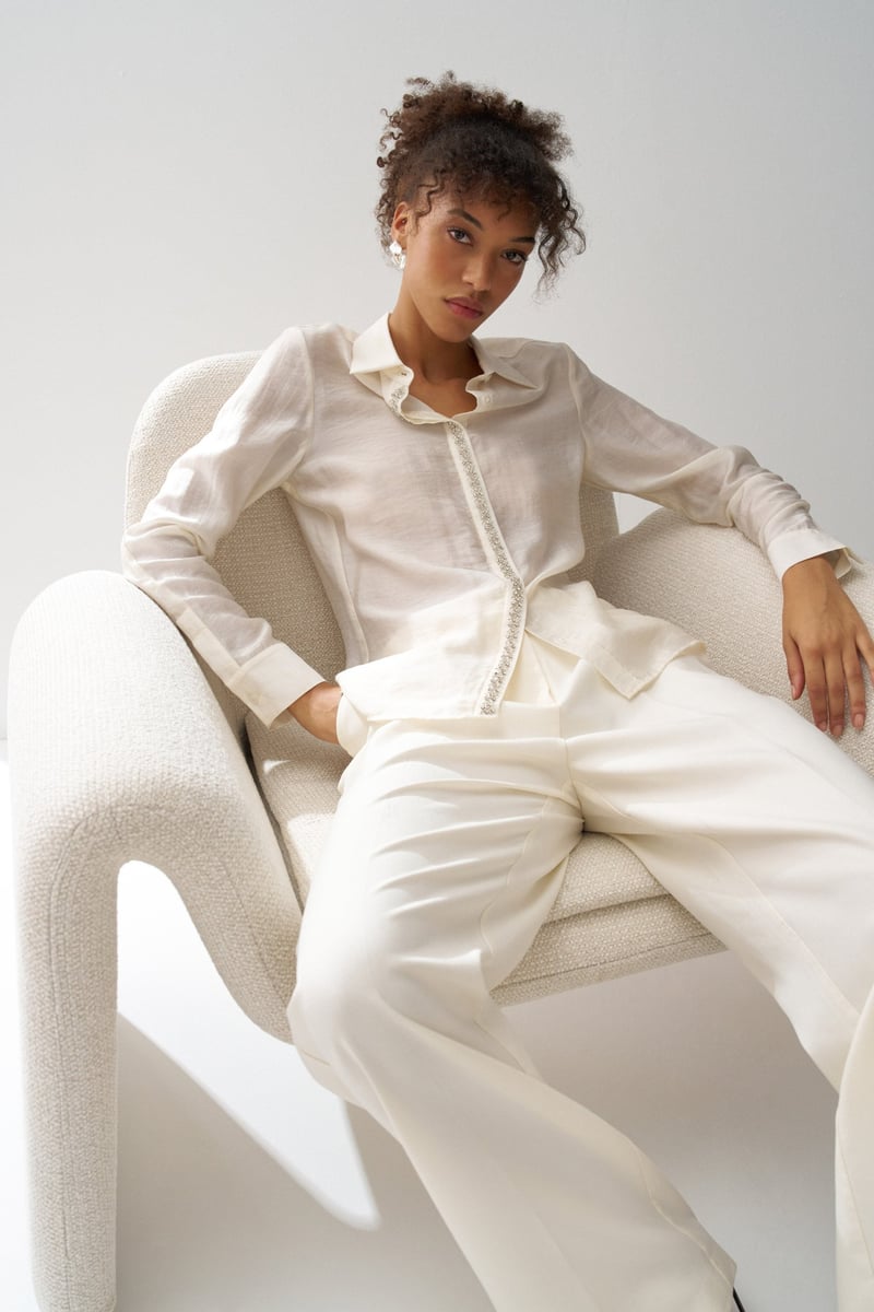 Light Beige Embellished Placket Button-Down Shirt