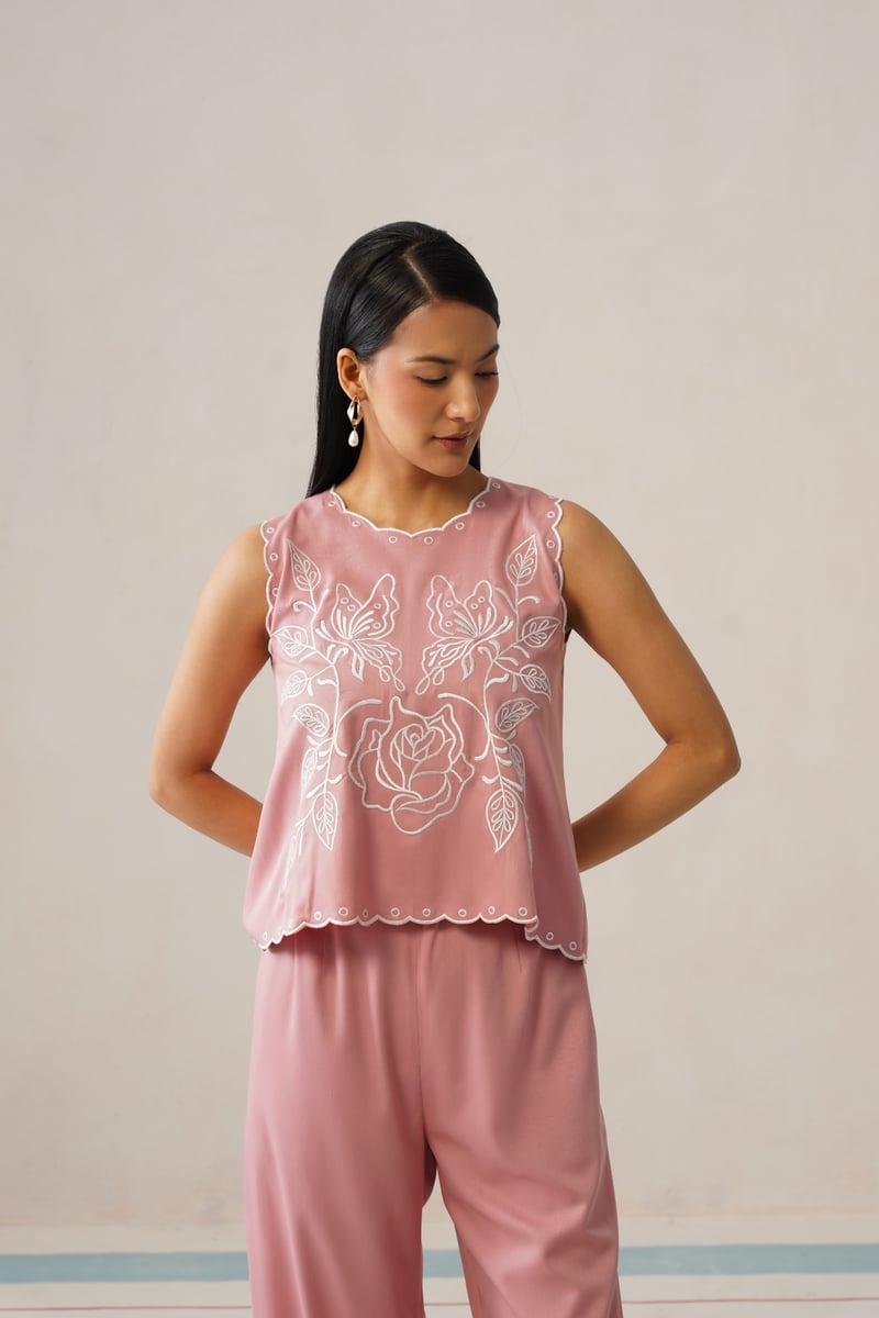 Pink Embroidered Sleeveless Top and Wide-Leg Co-ord Set