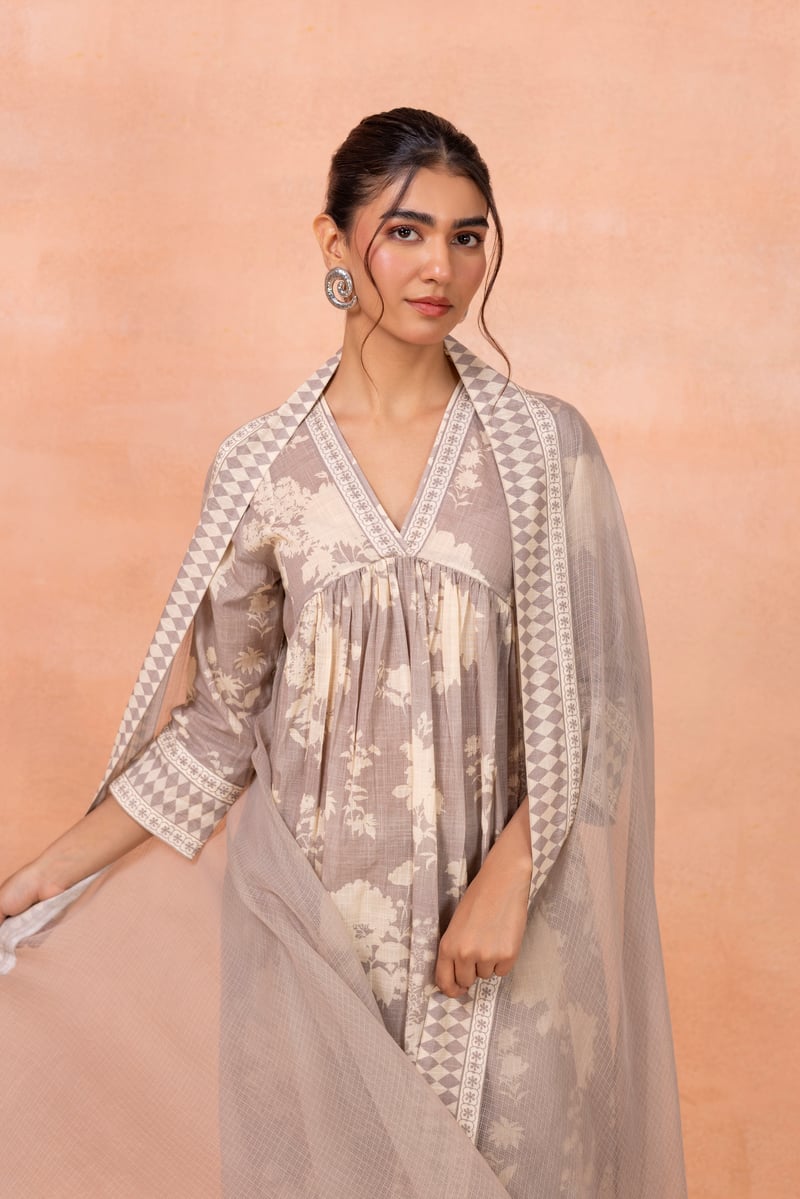 Grey Floral Print Cotton Kurta Set with Dupatta