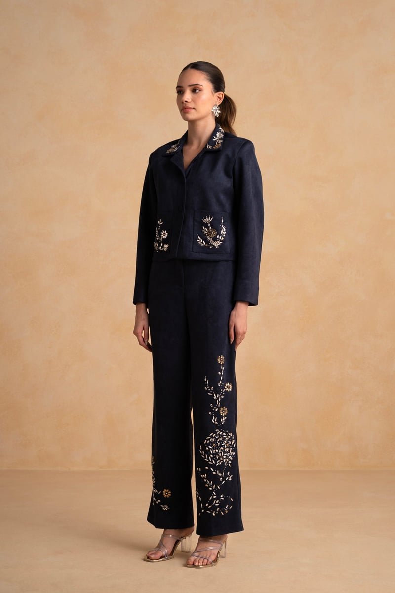 Night Blue Suede Embellished Jacket and Pant Co-ord Set