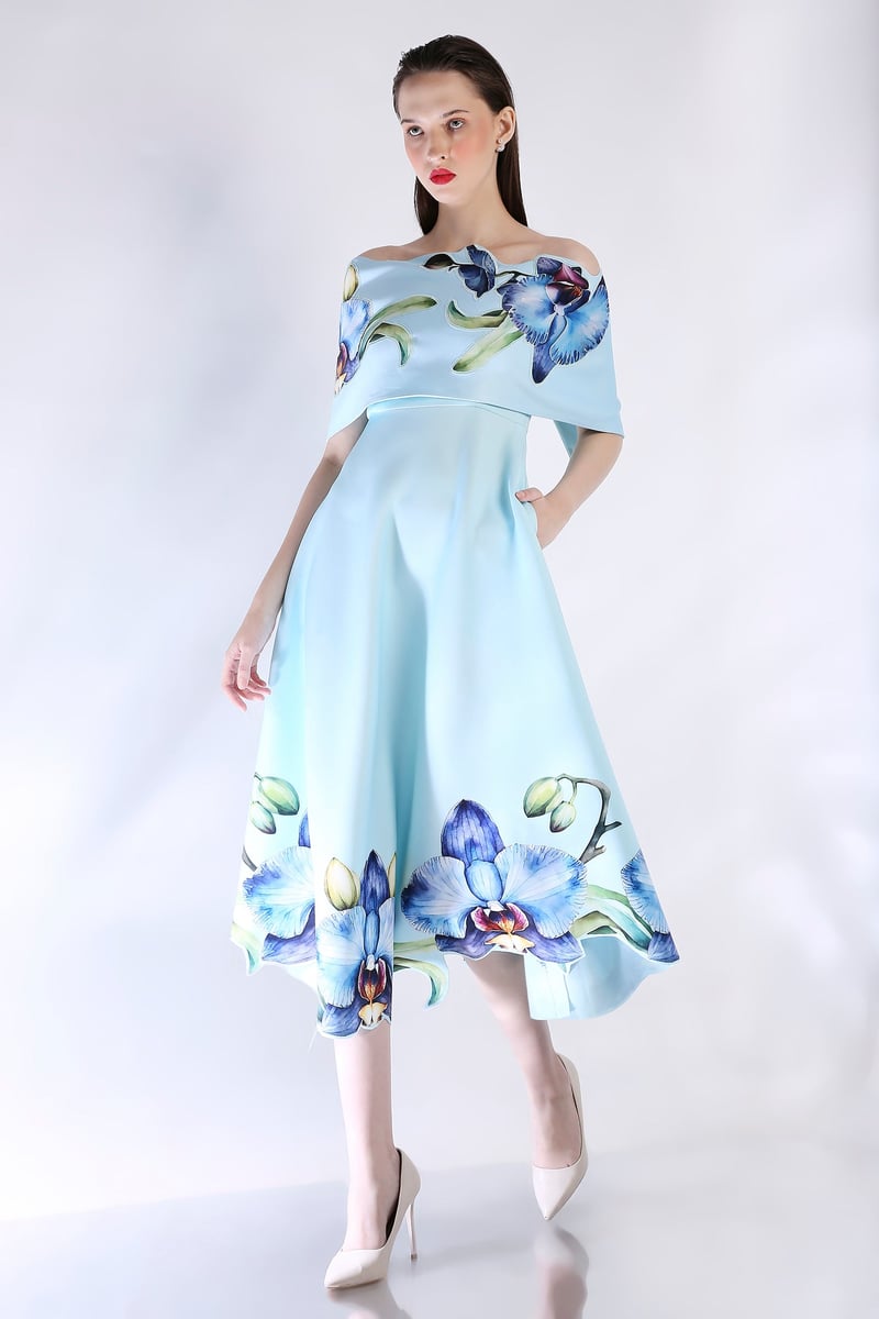 Blue Off-Shoulder Floral Print Fit and Flare Midi Dress