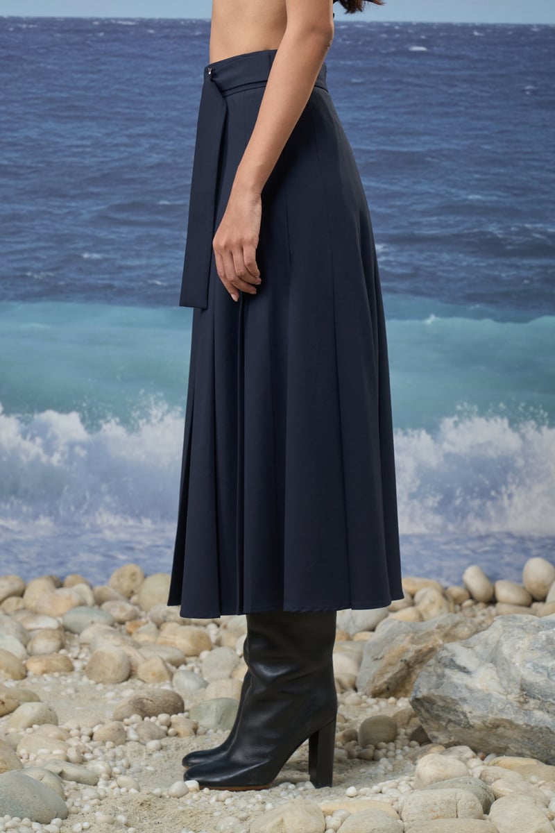 Navy High-Waist Pleated Midi Skirt with Belt Detail