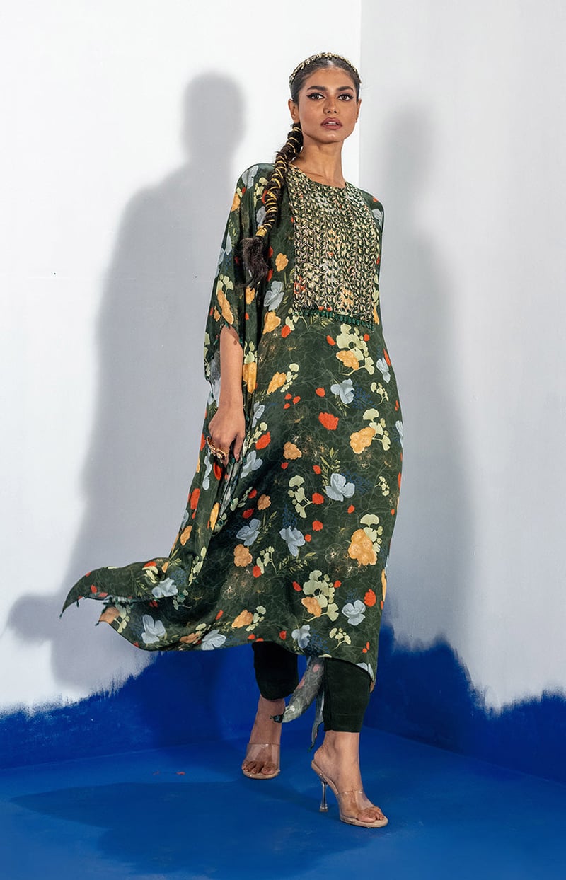Green Floral Kaftan Kurta Set with Embroidered Yoke