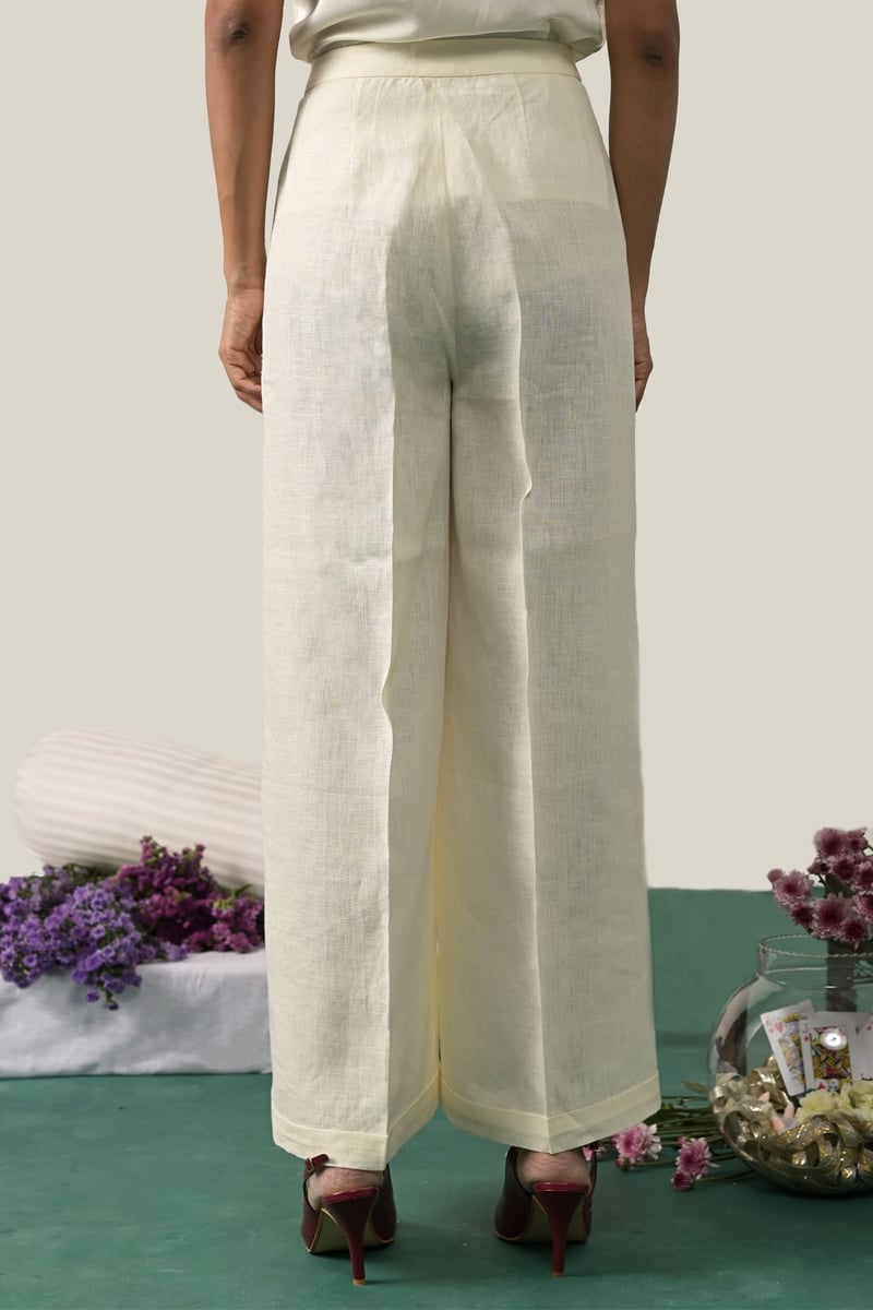 Off White Linen Pleated Wide-Leg Trousers