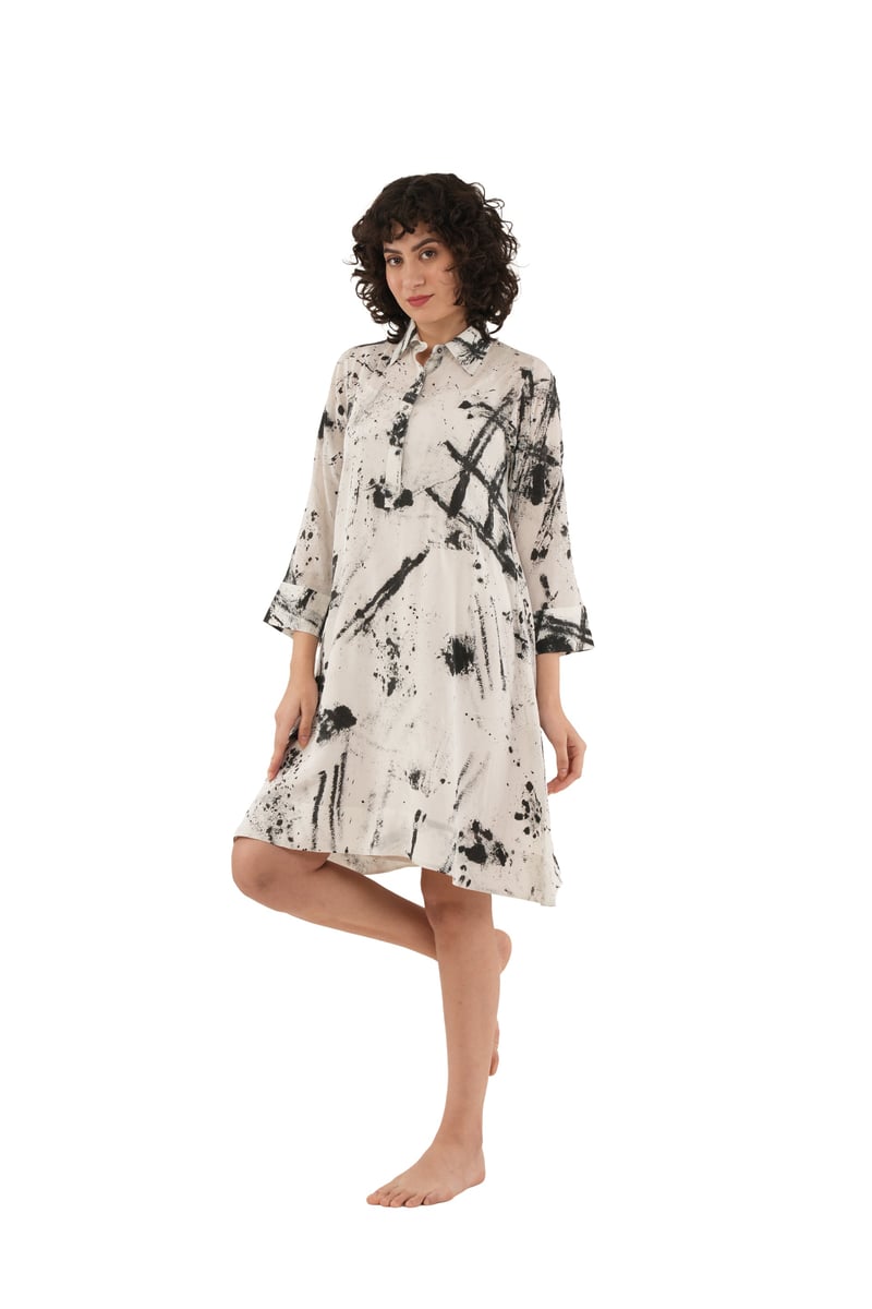 White/Black Silk Abstract Printed Longline Shirt