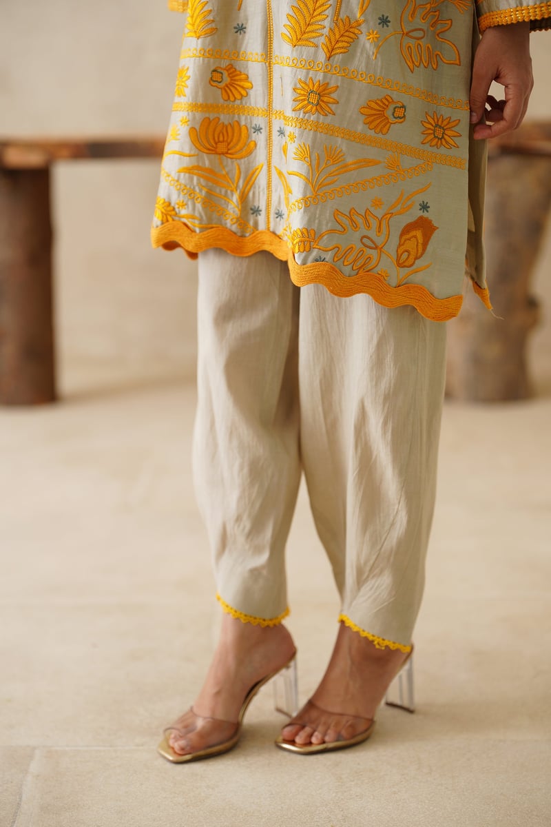 Beige Chanderi Embroidered Kurta Co-ord Set