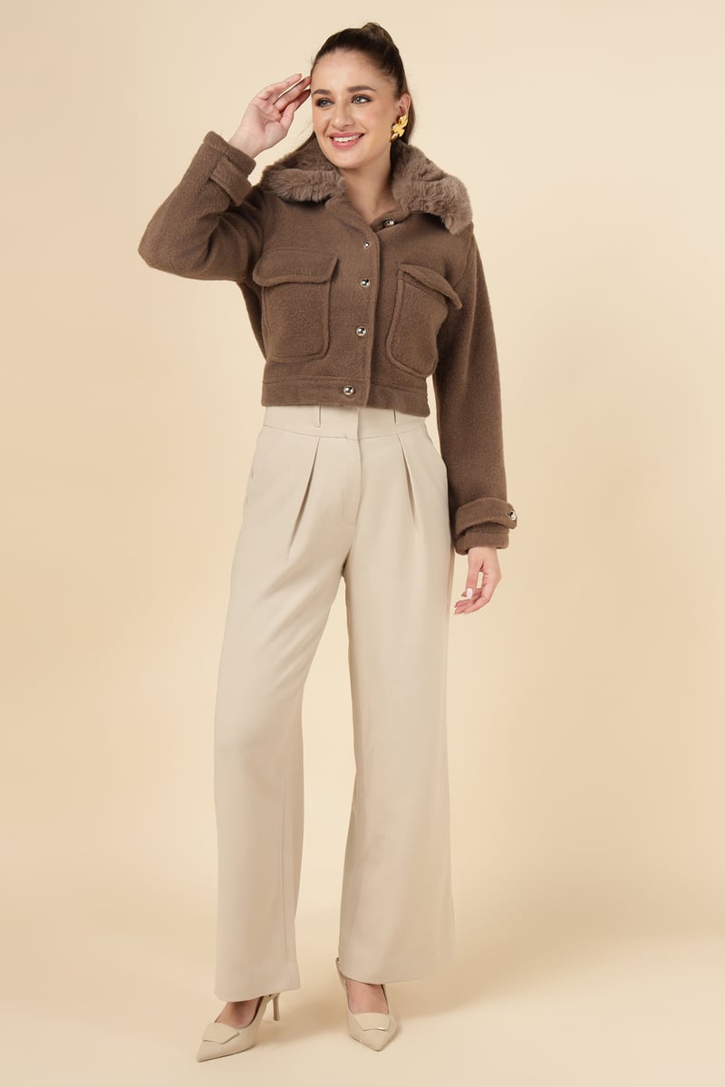 Taba Brown Cropped Jacket with Faux-Fur Collar