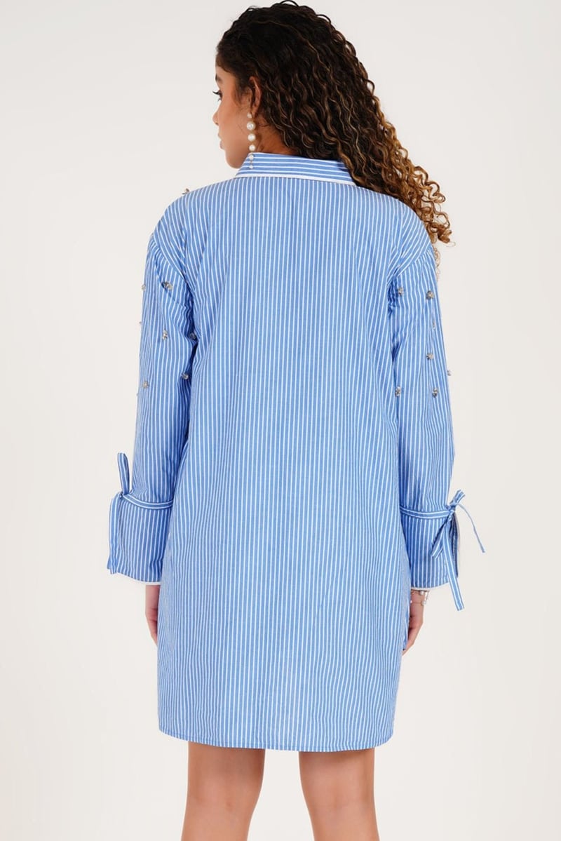Blue Striped Pearl-Embellished Oversized Shirt Dress