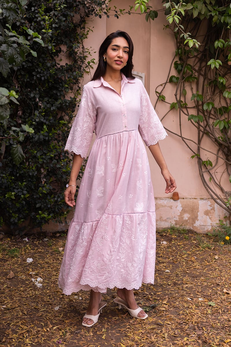 Pink Linen Cotton Embroidered Tiered Maxi Shirt Dress