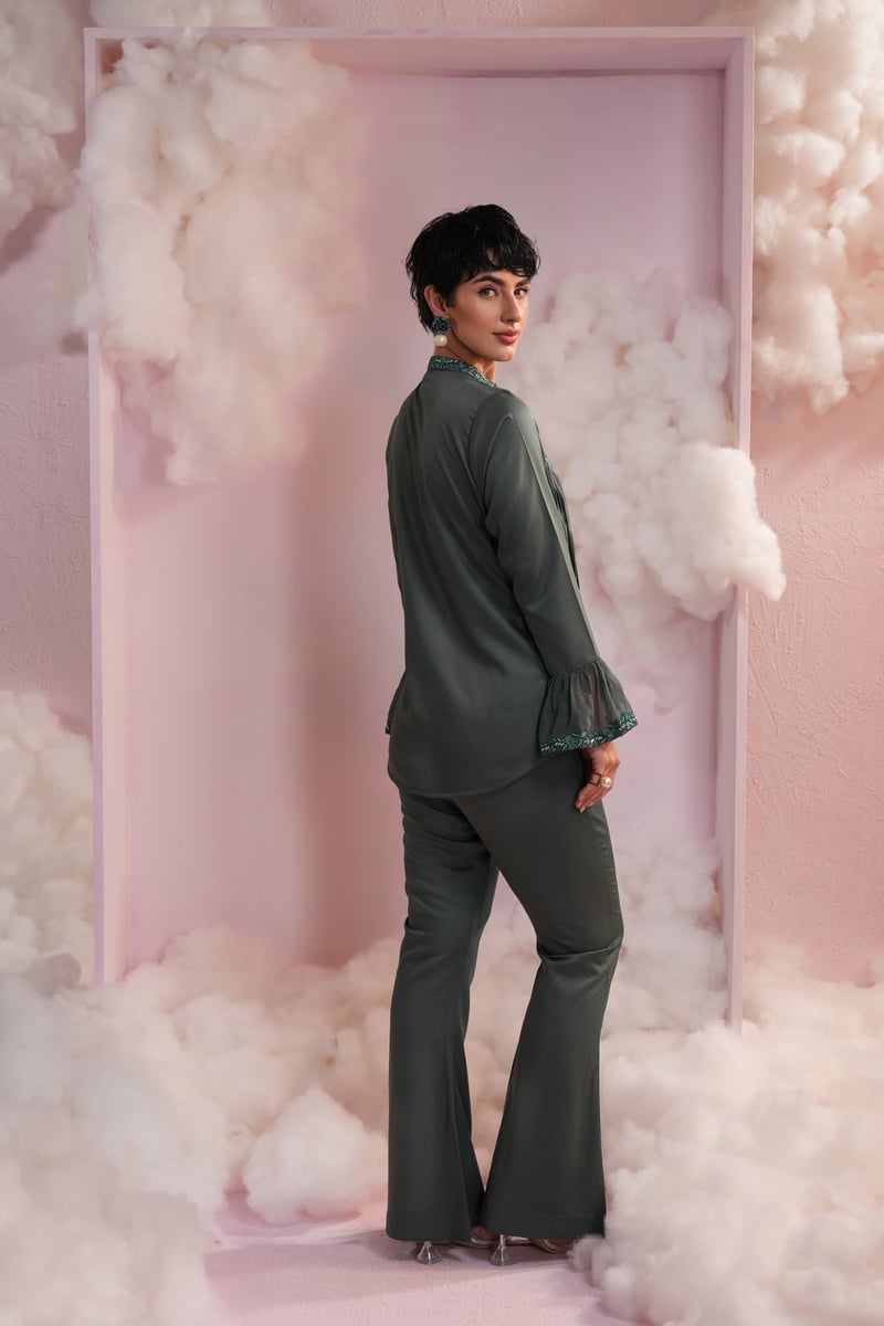 Bottle Green Embroidered Yoke Fringe Co-ord Set