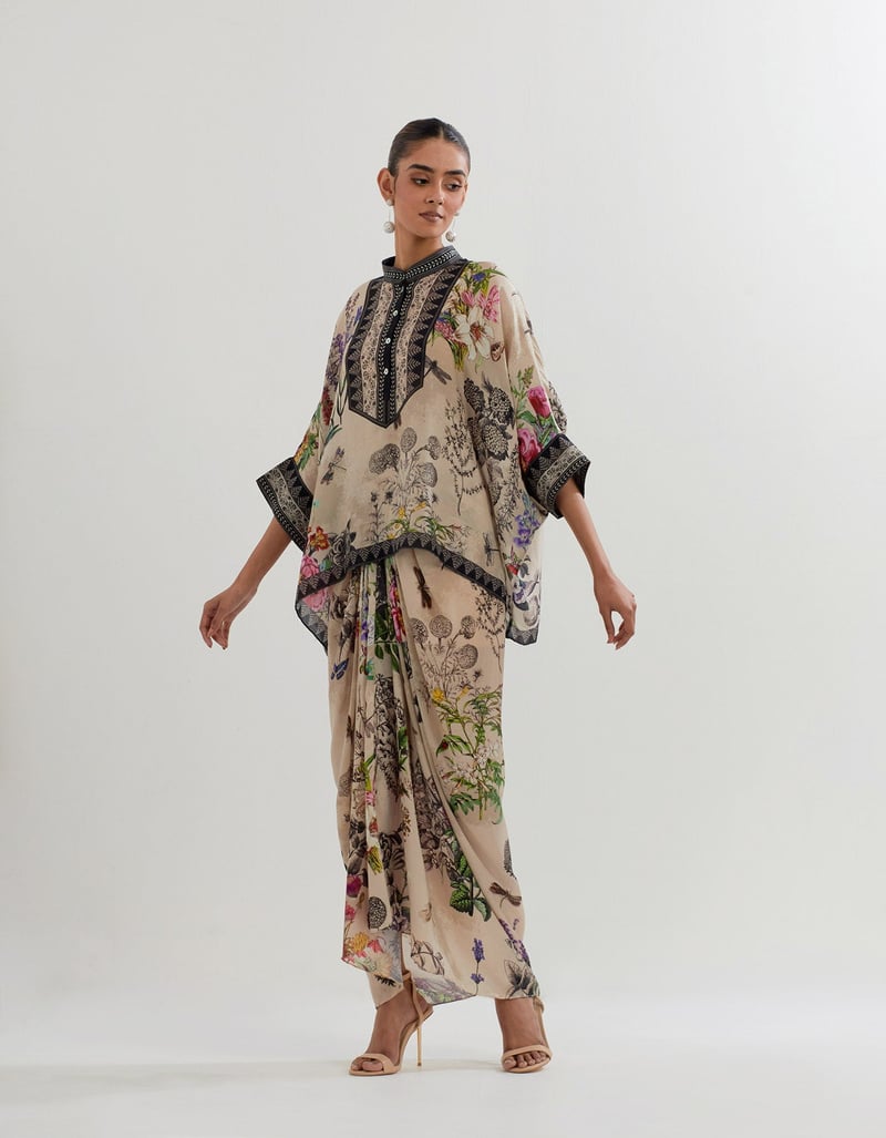 Multicolour Botanical Kaftan Top and Drape Skirt Set