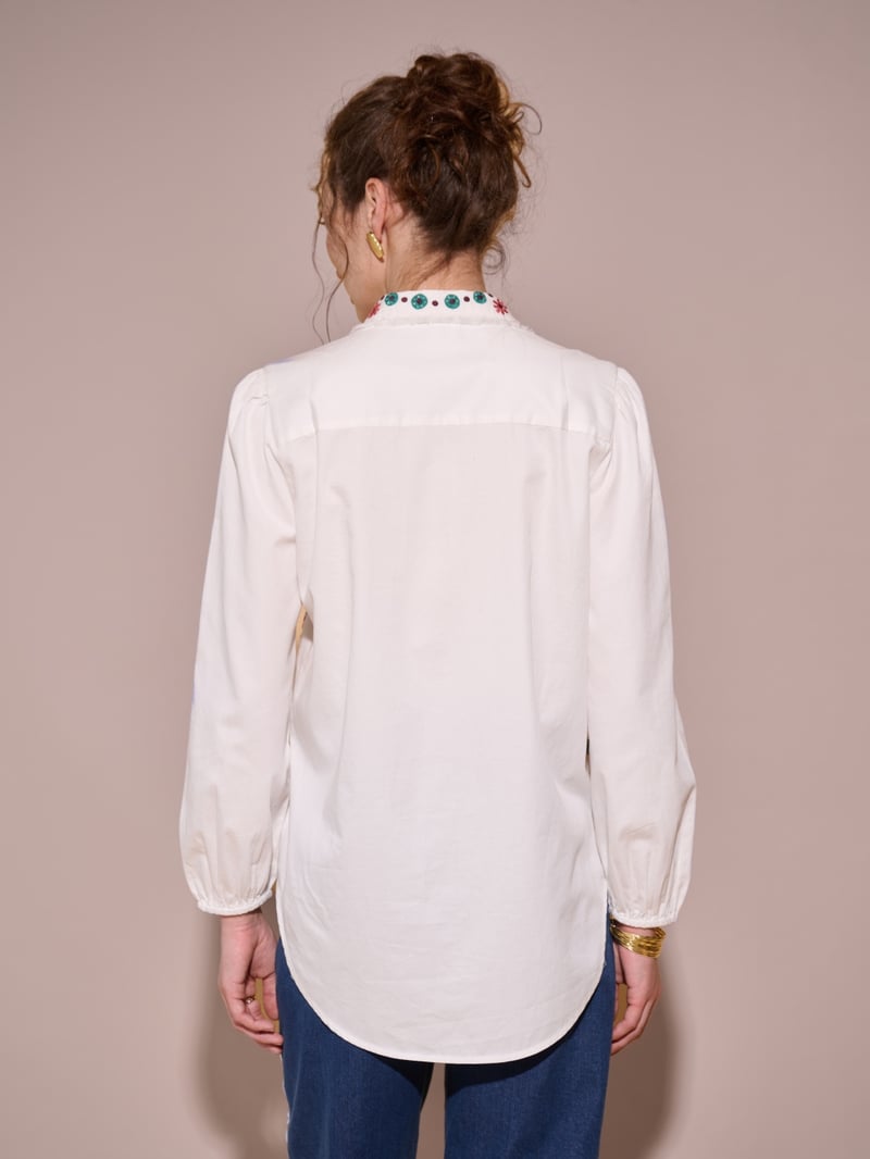 White Embroidered Cotton Button-Down Shirt