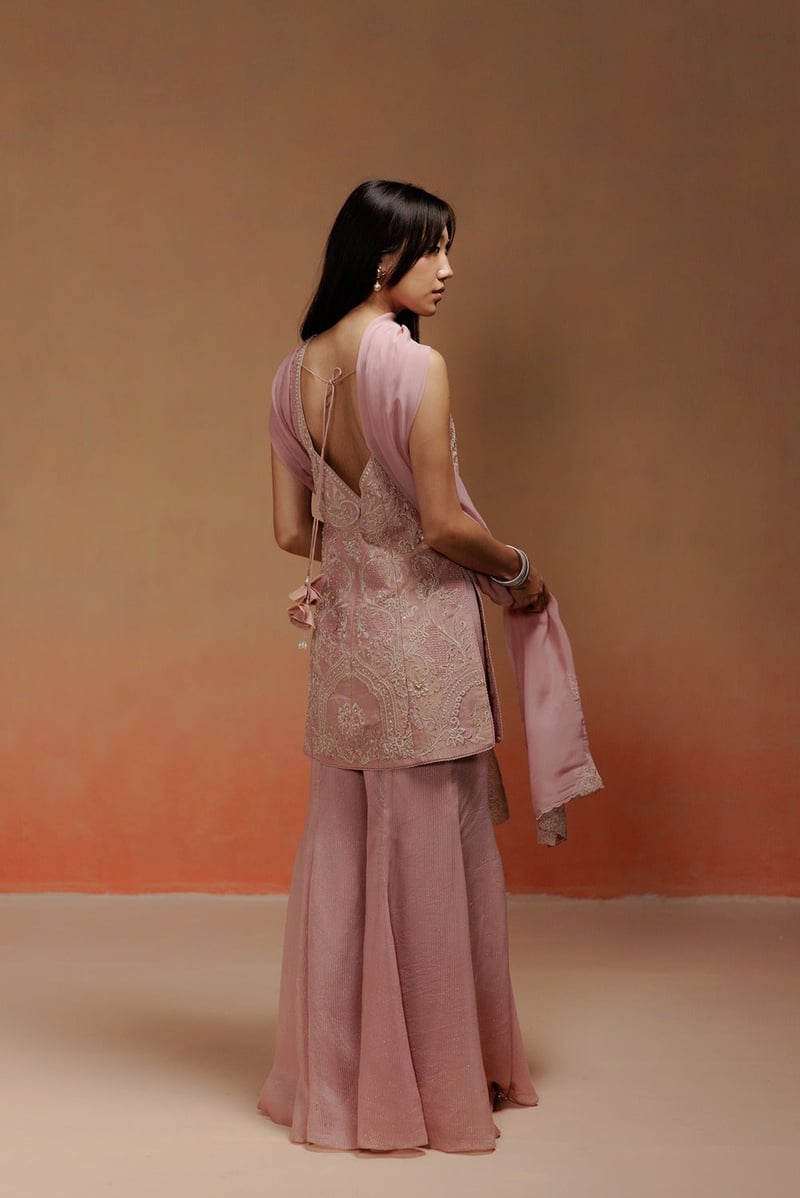 Pink Organza Tissue Embroidered Kurta Sharara Set