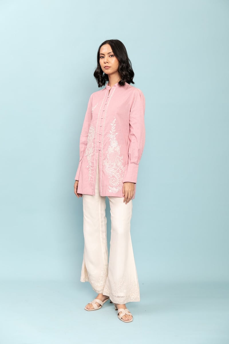 Pink Cotton Flex Longline Shirt with Pearl Embellishments