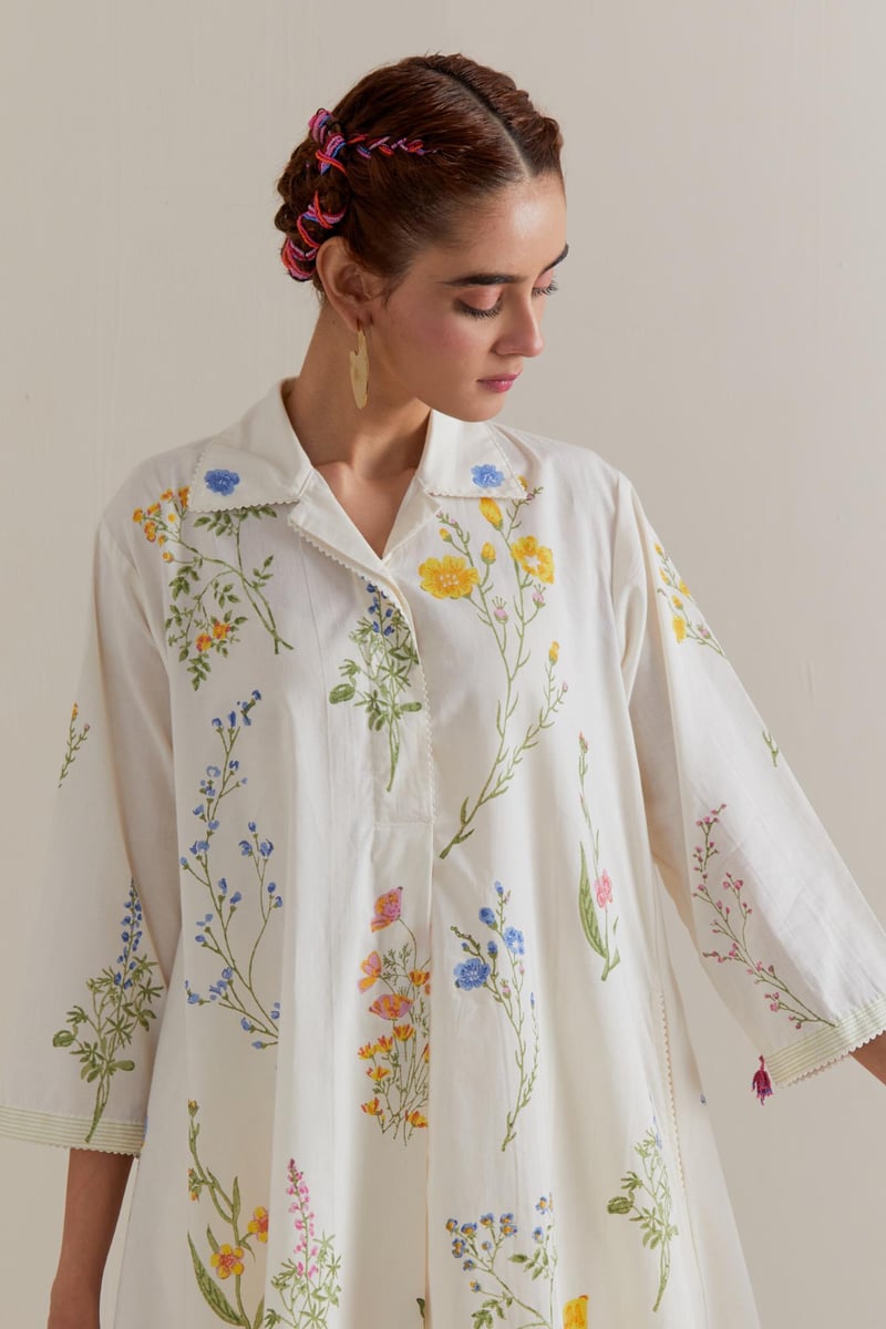 Off-White Floral Block Print A-Line Kurta Set with Dupatta