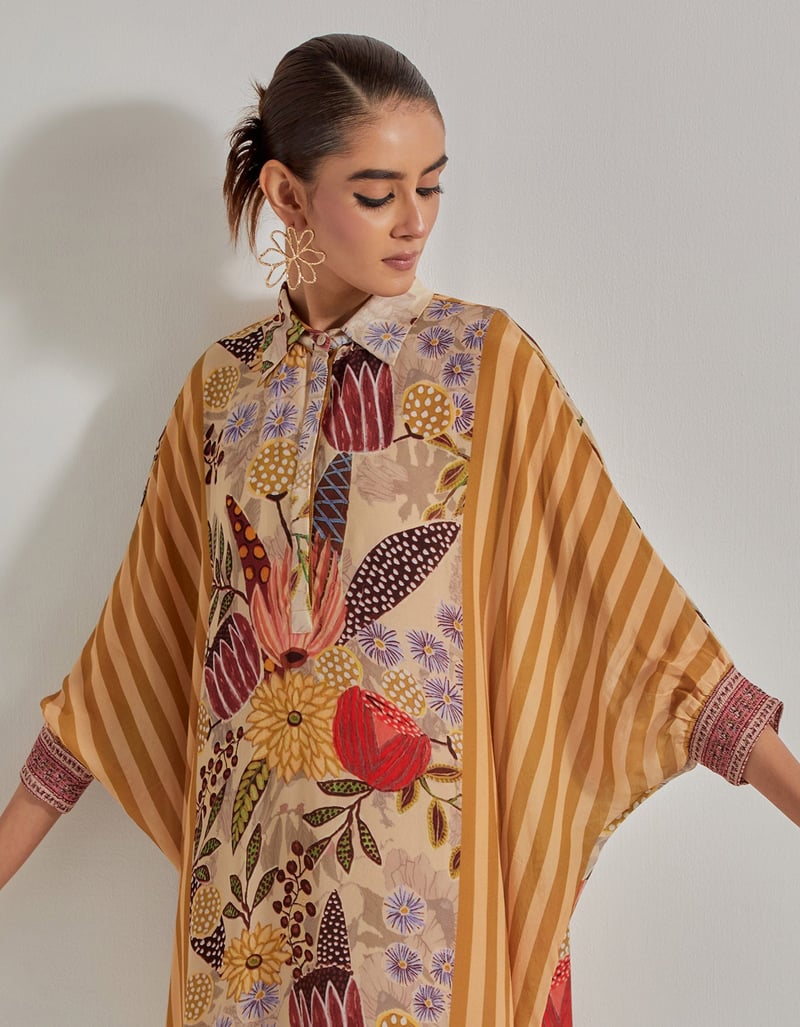 Beige Printed Baggy Tunic Kurta with Collar