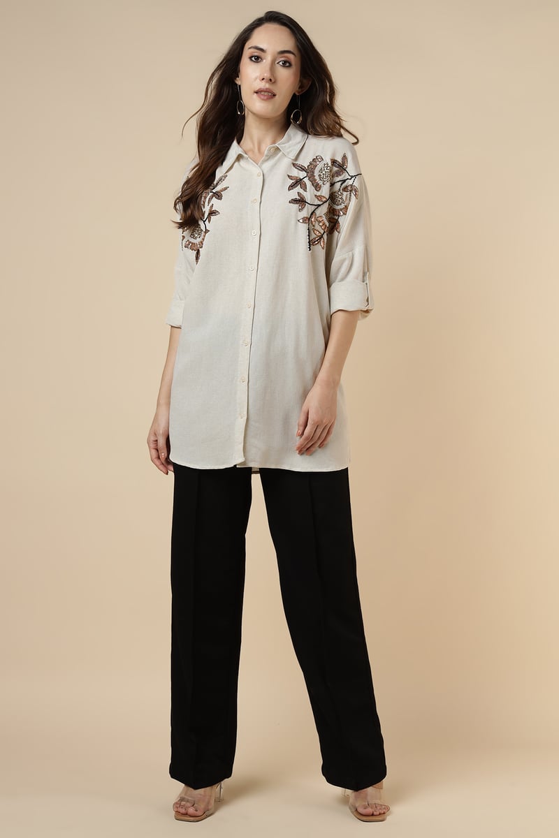 Natural Beige Embellished Longline Shirt