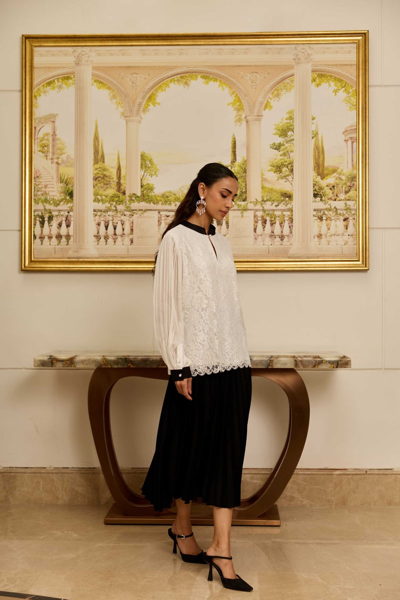 Celestia White French Lace Chiffon Blouse