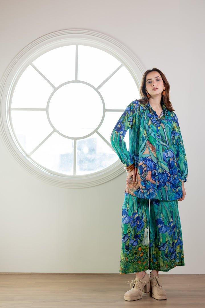Aqua Blue Iris Print Shirt and Wide-Leg Pants Co-ord Set