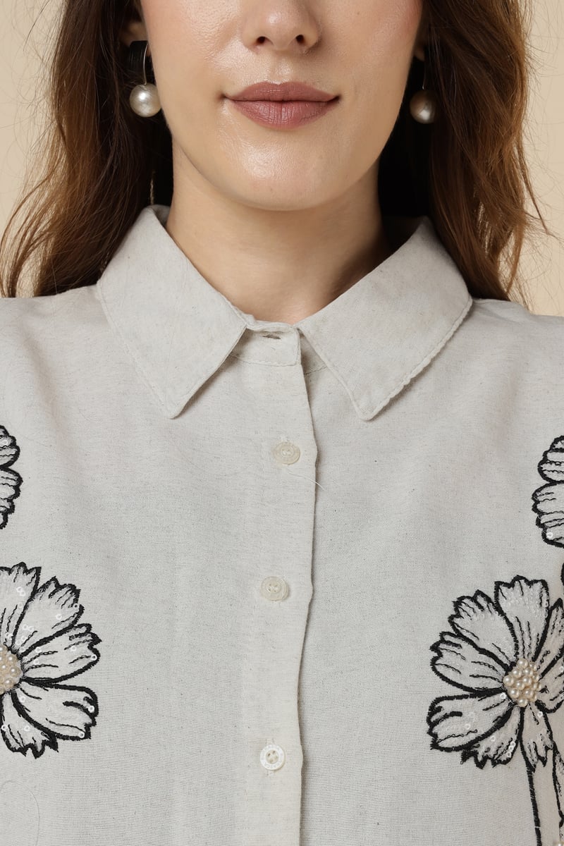 Natural Floral Embellished Longline Shirt
