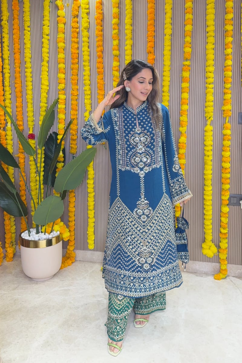 Teal & Emerald A-Line Printed Kurta Set with Palazzo