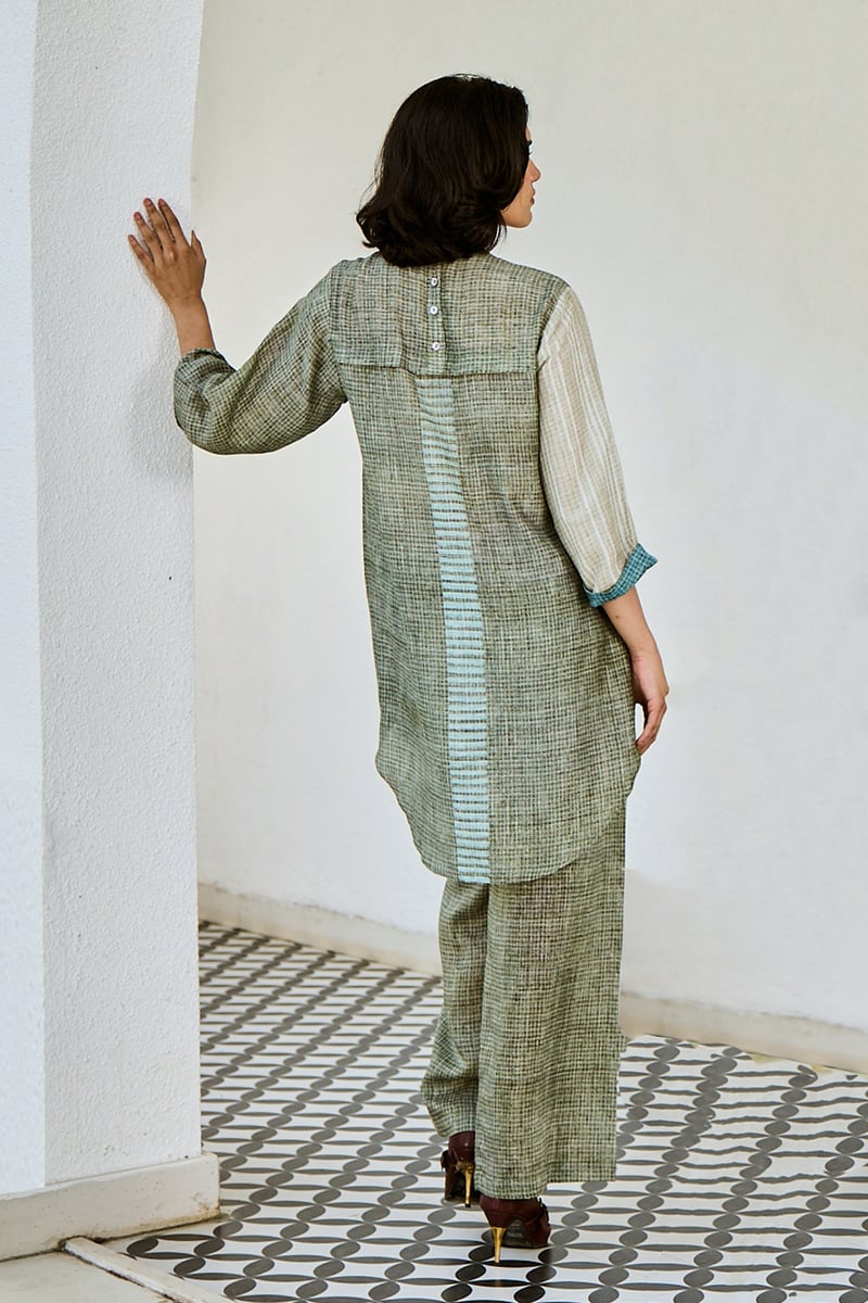 Blue and Olive Linen Colorblocked Tunic Co-ord Set