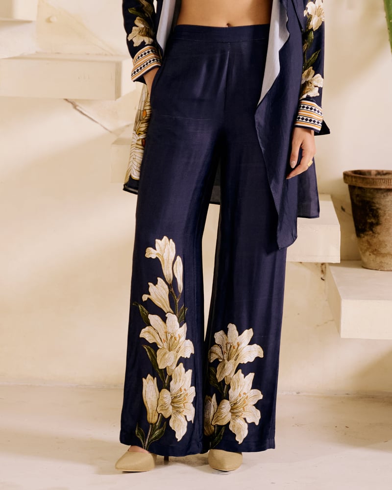 Blue High-Waist Wide-Leg Satin Trousers with Floral Print
