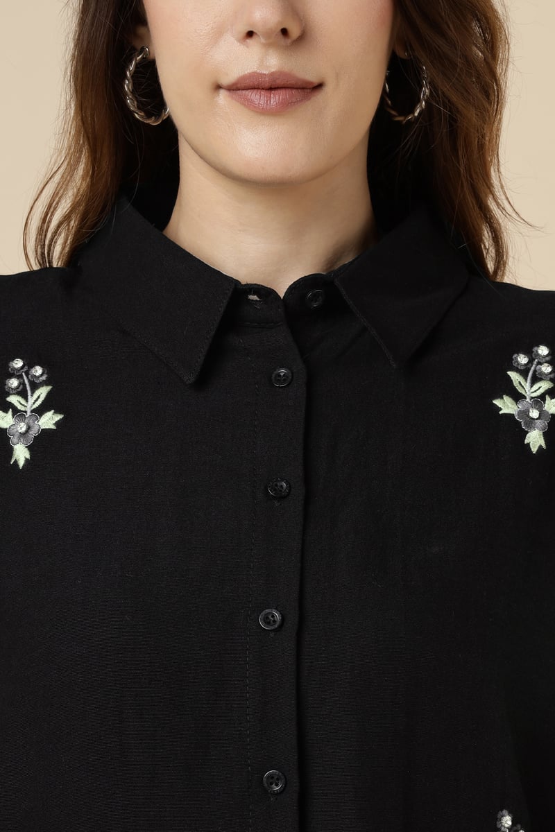 Black Collared Button-Down Shirt with Floral Embroidery